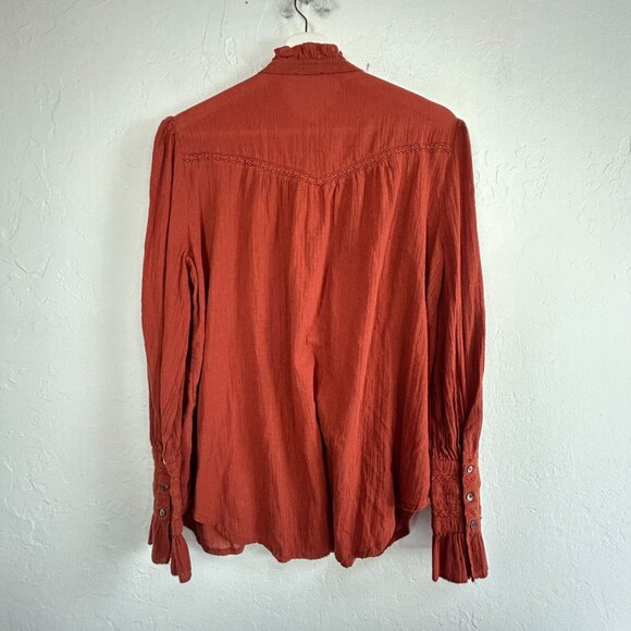 Sundance Womens Long Sleeve Button Up Louisa Peasant Blouse Top Ruffle Trim Red - Picture 2 of 8